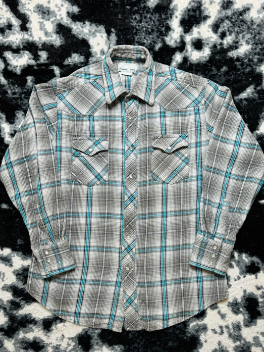 Wrangler Grey & Blue Plaid Flannel (L)