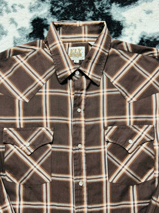 ELY Cattleman Brown Plaid Pearl Snap (L)