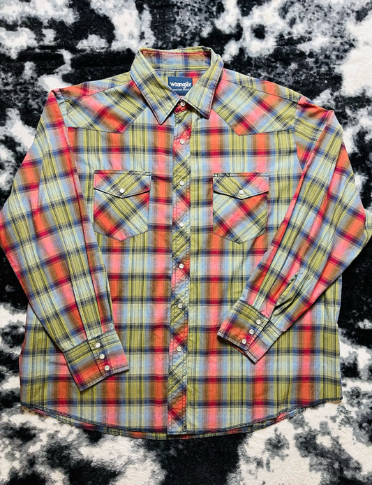 Wrangler Green & Red Plaid Pearl Snap (XL)
