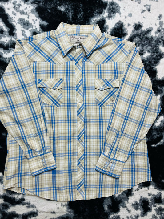 Wrangler Wrancher Beige & Blue Pearl Snap Shirt (2X)