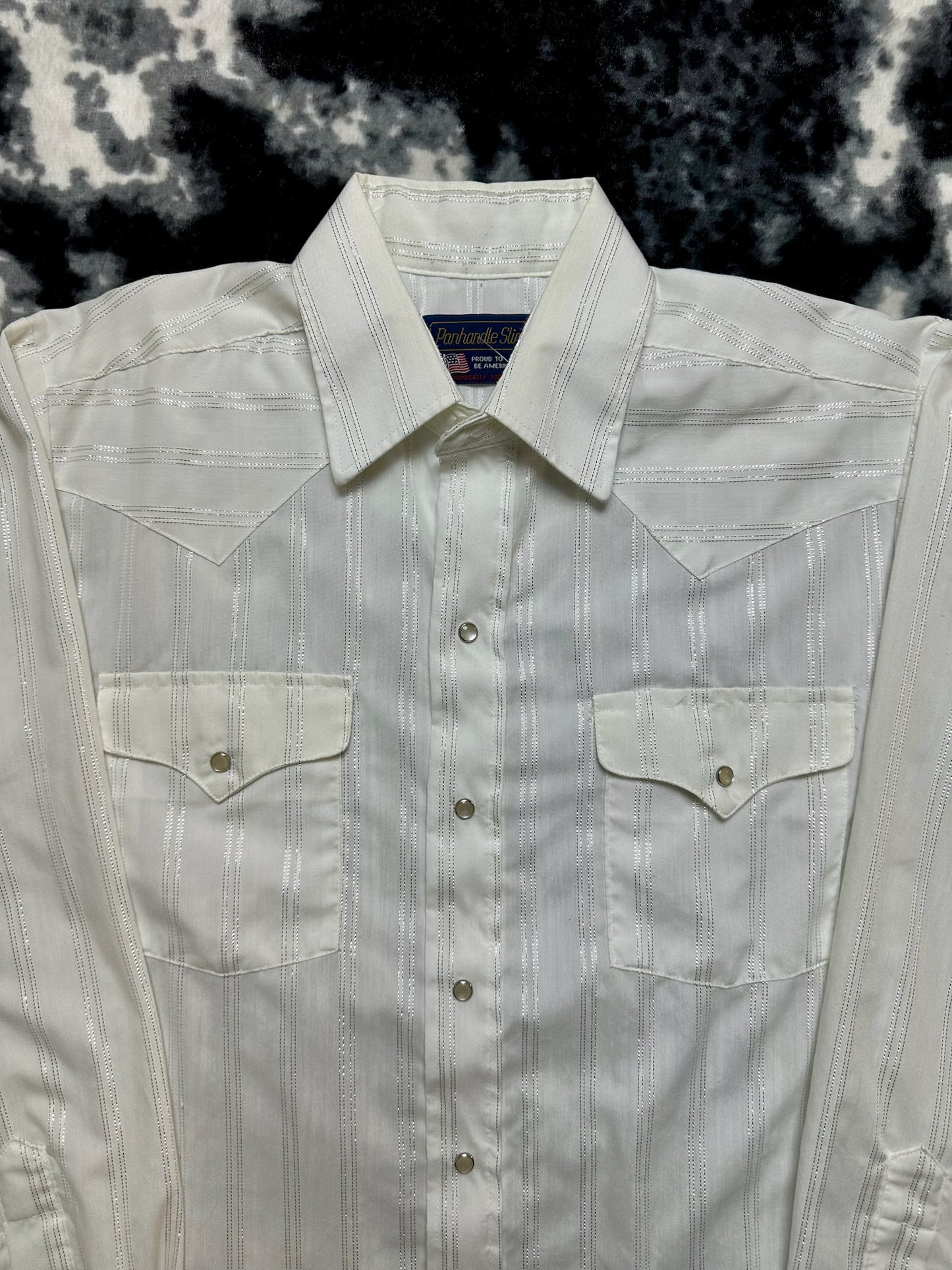 Panhandle Slim White & Silver Striped Pearl Snap Shirt (M)